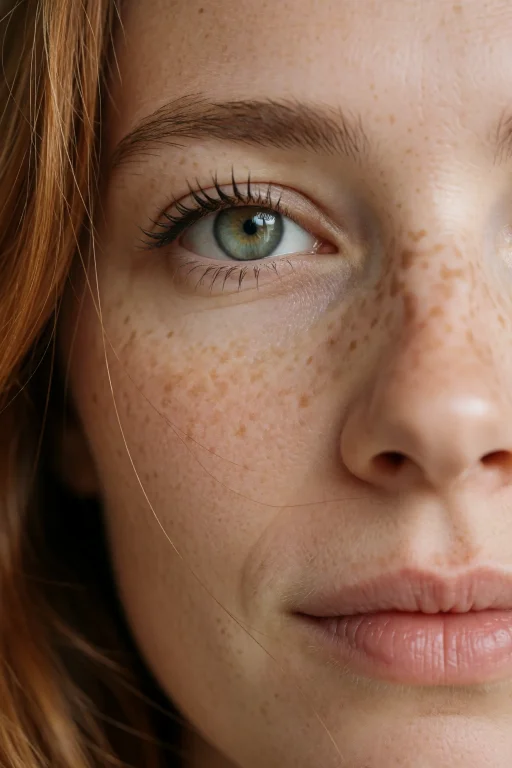 A Macro Photograph Of A Woman In Her Twenties With Freckles...
