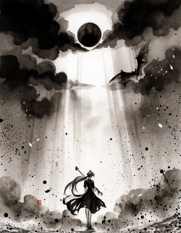 Sumiink, Traditional Media, Eclipsed Moon, Light Shafts, Bla...