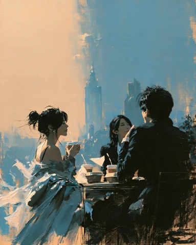 A Small Group Of Adult Office Workers Eating Lunch Together... — Stable Diffusion AI Prompt: A small group of adult office workers eating lunch together on a high rooftop te...
