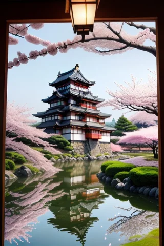 Masterpiece1.2, Best Quality, A Japanese Castle Framed By Ch... — Stable Diffusion AI Prompt: (masterpiece:1.2), best quality, a Japanese castle framed by cherry blossoms, la...