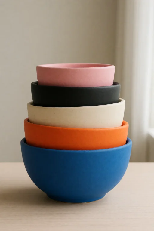 A Studio Photograph Of Exactly Five Matte Ceramic Bowls Stac...