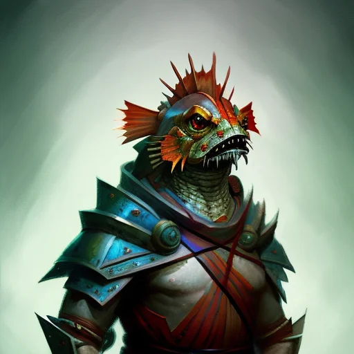 Centered Portrait Of A Standing Aztec Locathahperson Fighter...