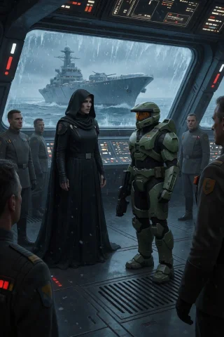 The Command Bridge Of A Gigantic Flagship Is The Scene Of An... — Stable Diffusion AI Prompt: The command bridge of a gigantic flagship is the scene of an icy tension between...