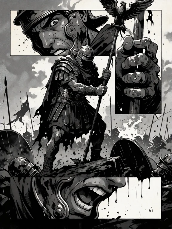 A Monochrome Dark Historical Comic Illustration Of A Roman W...