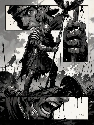 A Monochrome Dark Historical Comic Illustration Of A Roman W... — Stable Diffusion AI Prompt: A monochrome dark historical comic illustration of a Roman warrior standing alon...