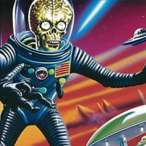 A Portrait Painting An Alien In A Space Suit With A Ray Gun...