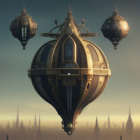 A Floating City In A Night Sky, With Steampunk Art Nouveau A... — Stable Diffusion AI Prompt: a floating city in a night sky, with steampunk art nouveau architecture and diri...