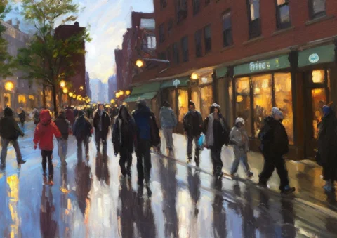 North End Of Boston Touristy Street, Contemporary Shops Elec... — Stable Diffusion AI Prompt: North end of Boston touristy street, contemporary shops electric lights and peop...