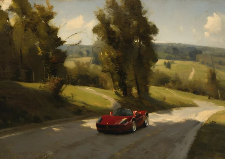 Painting Of A Red Ferrari 1995, By Classipeint, Driving Down...