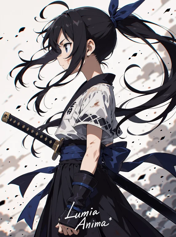 1girl, Samurai Clothes, Sword, Wind Lift, Dirty, Text Lumia...