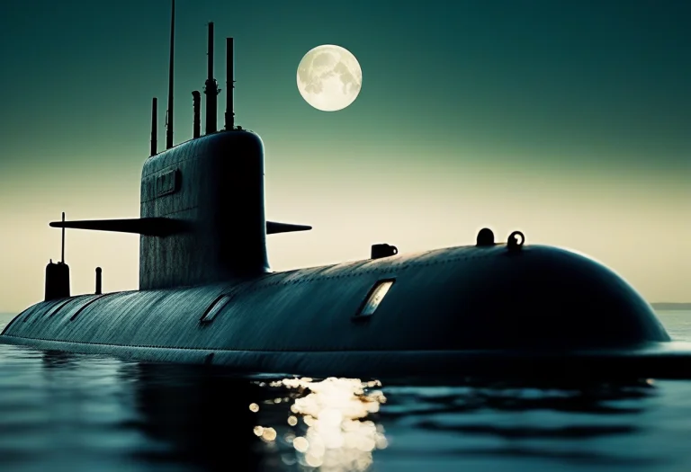 A Submarine Surfacing In A Moonlit Bay, 35mm Lens, Extreme C...