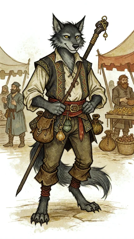 Dragonbanerpg. A Wolfkin Merchant With Gray Fur, Pointed Ear...