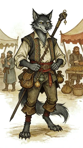 Dragonbanerpg. A Wolfkin Merchant With Gray Fur, Pointed Ear... — Stable Diffusion AI Prompt: DragonbaneRPG. A wolfkin merchant with gray fur, pointed ears and a friendly exp...