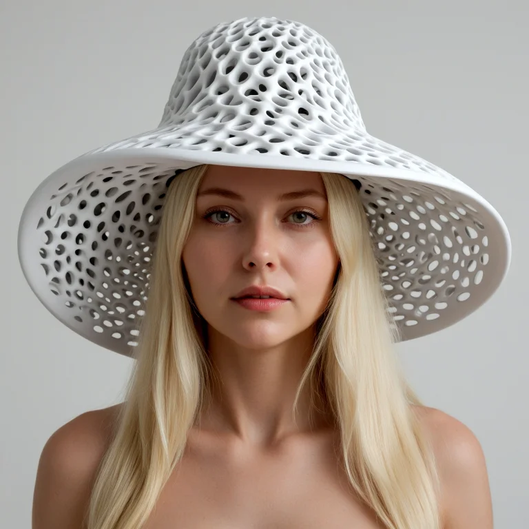 Portrait Of A Blonde Woman. She Wears A White Gyroid Hat Wit...