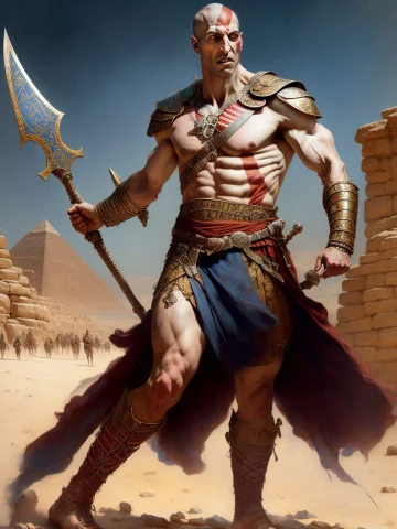 Boot Of Kratos Person Dressed In Egyptian Spaulders, Burstin... — Stable Diffusion AI Prompt: boot of kratos person dressed in Egyptian spaulders, bursting into fury, flexing...