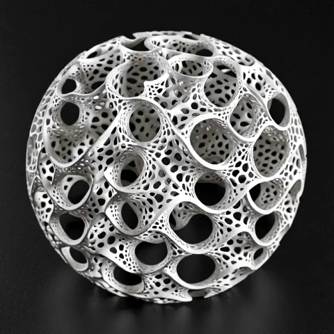 A Simple Sphere, Gyroid, Lattice Structure, White Matte Mate... — SDXL AI Prompt: a simple sphere, gyroid, lattice structure, white matte material, porous surface...