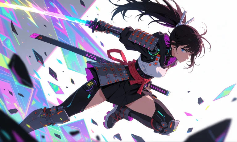 Dynamic Action Anime Scene, A Female Cyber Samurai Girl Mid-...