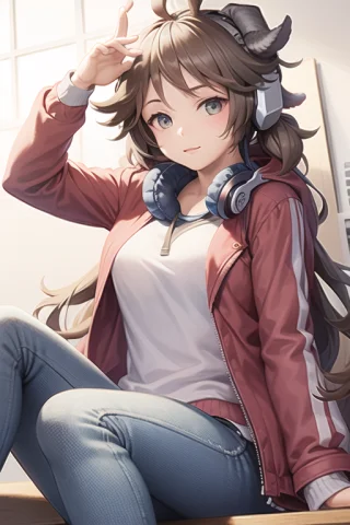 1girl,jacket,headphones,jeans,sitting,horn,,chair,loraaiyafa... — Stable Diffusion AI Prompt: 1girl,(((jacket,headphones,jeans,sitting,horn))),,chair,