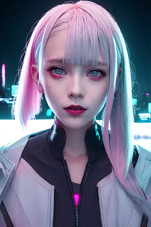 Lucy Cyberpunk, 1girl, Hair Scrunchie, Hime Cut, Silver Hair...