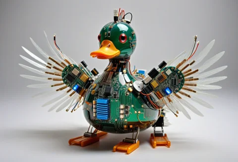 Transistors, A Tiny Ordinary Rubber Duck Transformed Into An... — SDXL AI Prompt: Transistors, a tiny ordinary rubber duck transformed into an absurdly gigantic m...