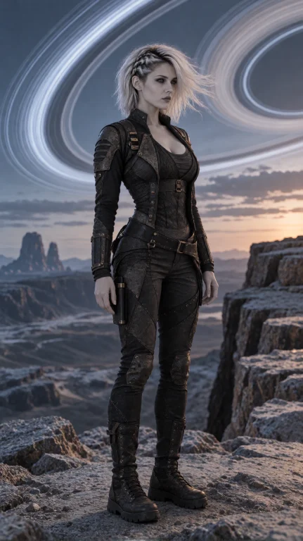 Nbrfml Woman, Full Length, Standing On A Rocky Alien Cliff,...