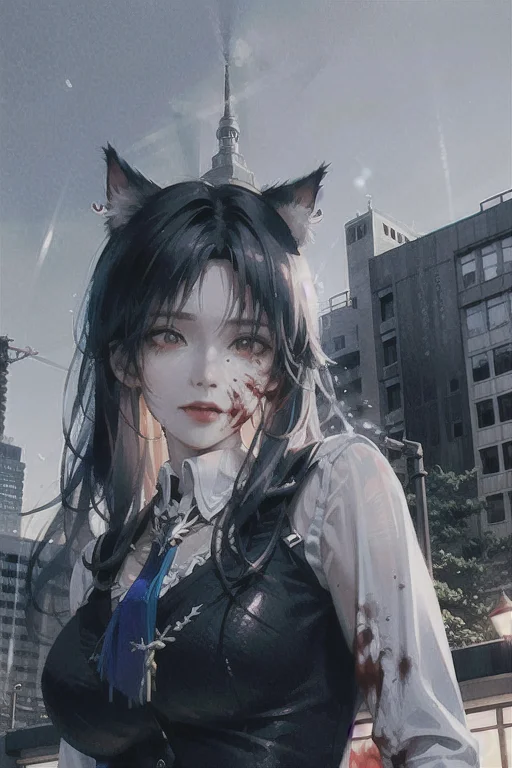 Urban, Night, Rain, Cat Ears, City, Black Hair, Blood On Fac...