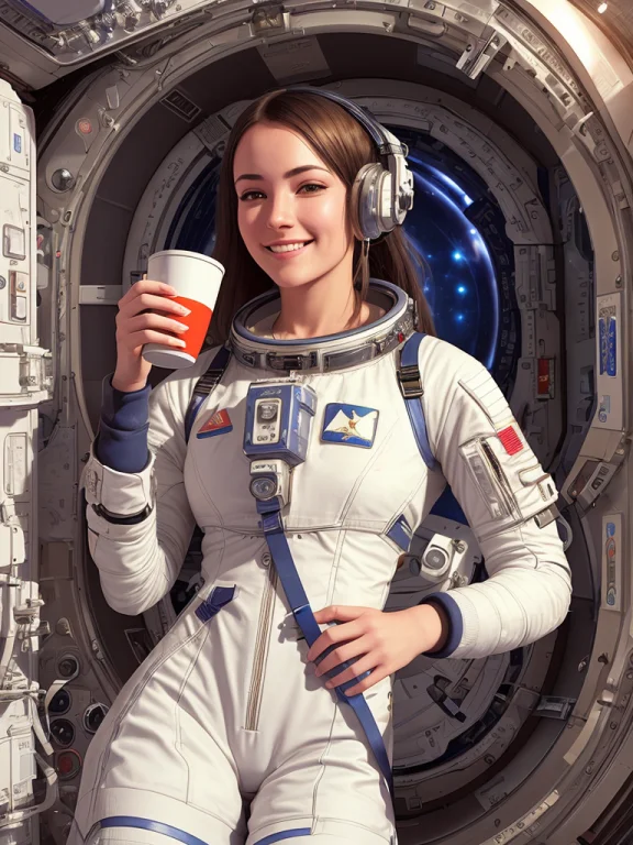 A Female In Space Suit On Space Station, In Weightlessness,...