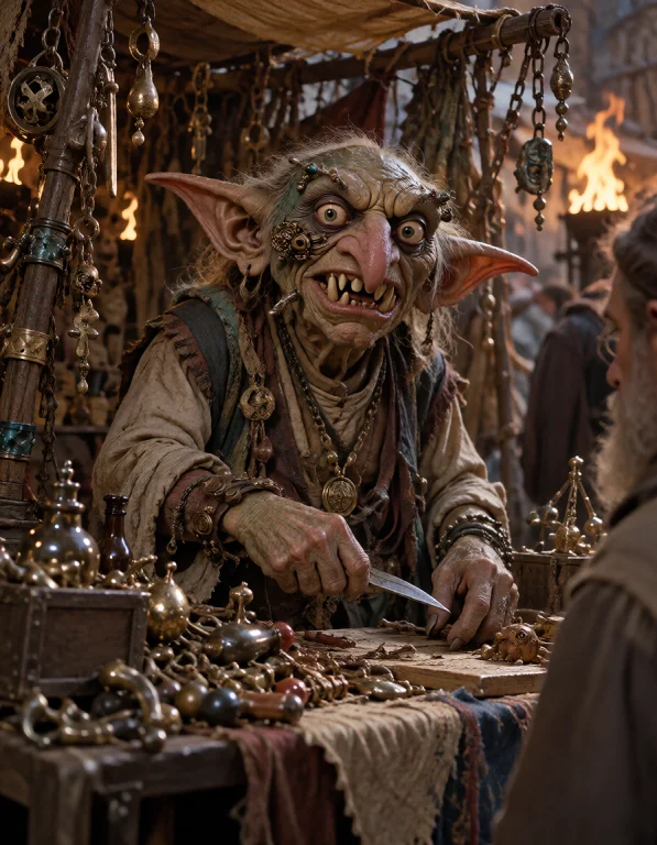 Lorakreapracticalfantasy1 A Grotesque Goblin Merchant Standi...