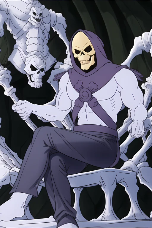 A Photo Of Skeletor Sitting On The Bone Throne, Wearing Long...