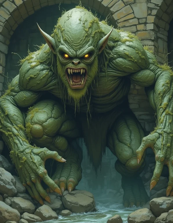 A Towering,moss-covered Troll With Jagged Teeth,crouched Und...