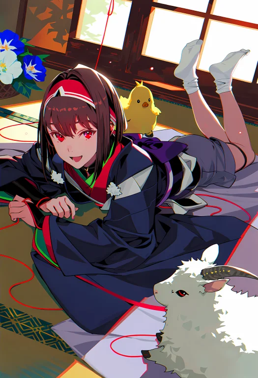 Taikistyle, On Stomach, Red Eyes, Lying, Brown Hair, Open Mo...