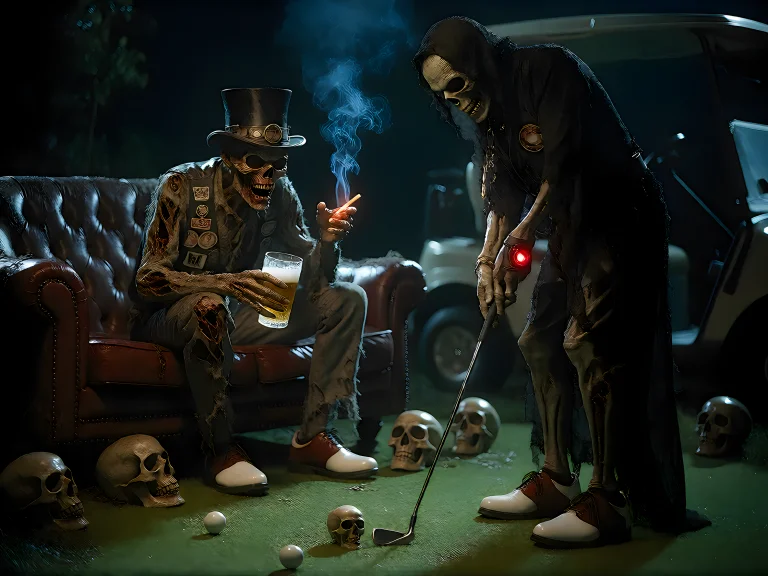 A Surreal Horror Scene. Death Stands On A Golf Course, Playi...