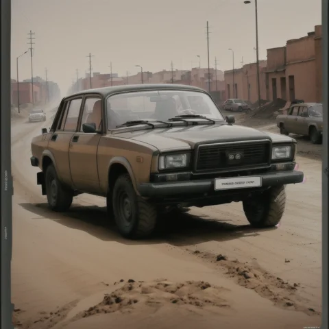 Poster For Movie, Lada Car In Mad Max, Photo, Soil And Dirt... — Stable Diffusion AI Prompt: poster for movie, lada car in mad max, photo, ((soil and dirt flies out from und...