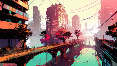 Nvinkpunk, Elevated Rail, Tall City, Red And White Color Sch... — Stable Diffusion AI Prompt: nvinkpunk, elevated rail, tall city, red and white color scheme, beautiful intri...