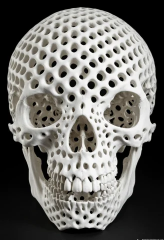 Loragyroidshapemorph-xl0.8,a Recognizable Human Skull Made E... — SDXL AI Prompt: ,A recognizable human skull made entirely of white matte gyroid lattice. Continu...