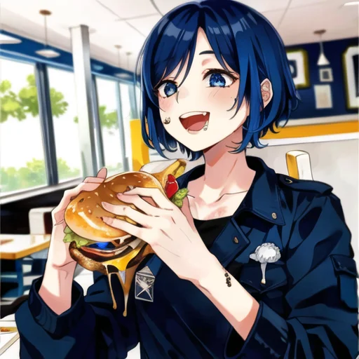 1girl, Eating A Hamburger, Nom Hamburger, Blue Hair, Loraham...