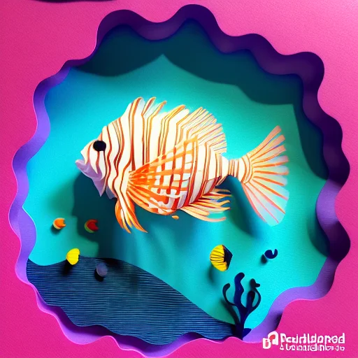 Papercut Underwater Scene, Common Lionfish, 3d Graphics With...