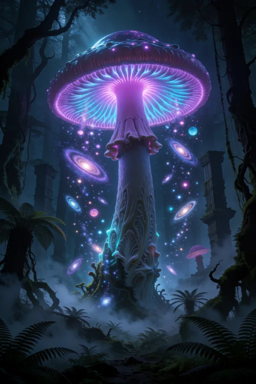 A Monumental Bioluminescent Mushroom Towering Vertically Thr...