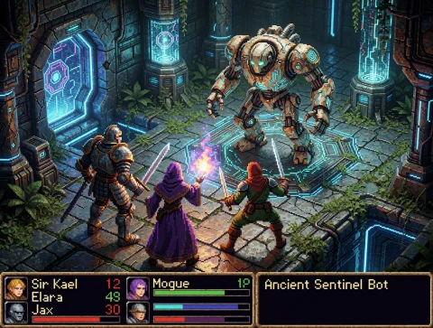 A Screenshot From A Classic 1995 Snes Pixel Rpg, Rendered In... — Stable Diffusion AI Prompt: A screenshot from a classic 1995 SNES pixel RPG, rendered in high-fidelity retro...