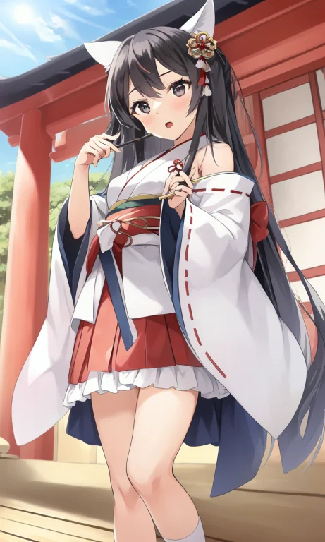 By Kurige, Miko, Long Hair, Black Hair, Temple, Full Body Sh...