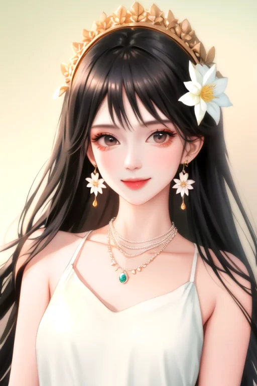 1girl, Black Hair, Closed Mouth, Earrings, Flower, Hair Orna...