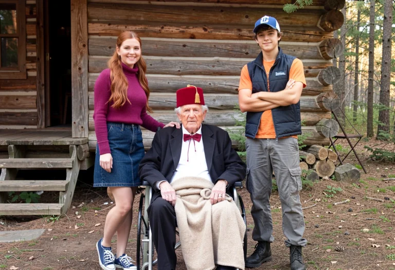 Portrait Of Three People In Front Of A Rustic Log Cabin In A...