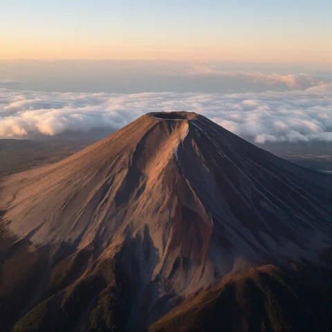 Fotografia Aerea Del Monte Fuji Al Amanecer Con Pocas Nubes — Stable Diffusion AI Prompt: Fotografia aerea del monte fuji al amanecer con pocas nubes