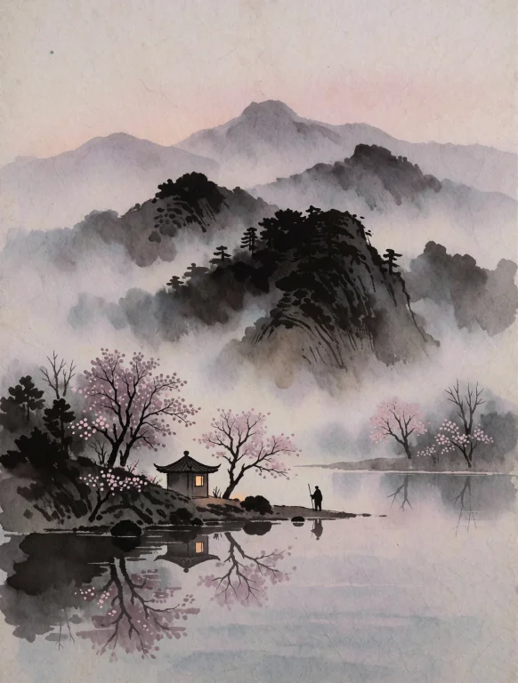 A Tranquil East-asian Ink-wash Landscape At Dusk, Layered Mi...