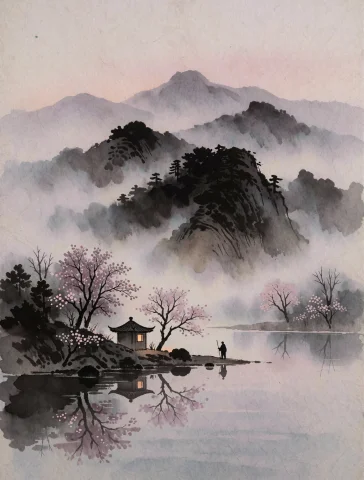 A Tranquil East-asian Ink-wash Landscape At Dusk, Layered Mi... — Stable Diffusion AI Prompt: A tranquil East-Asian ink-wash landscape at dusk, layered misty mountains fading...