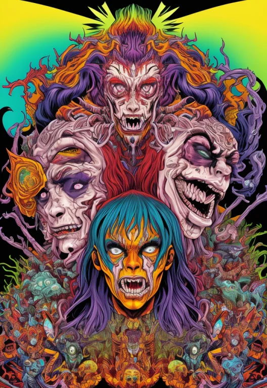 ,a Poster Of Two Demonic Looking Men With Colorful Hair And...