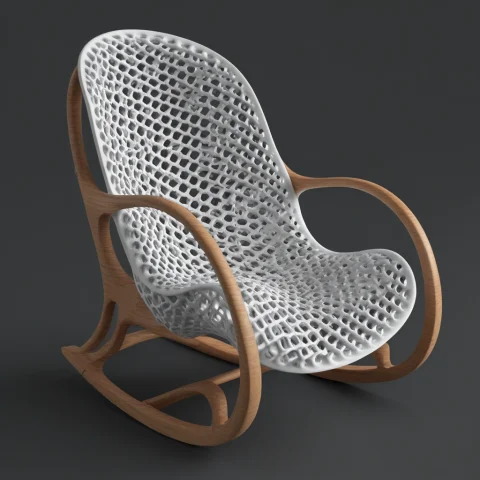 Gyroid Lattice Structure, 3d Render. A Classic Wooden Rockin... — SDXL AI Prompt: Gyroid lattice structure, 3D render. A classic wooden rocking chair, fully trans...
