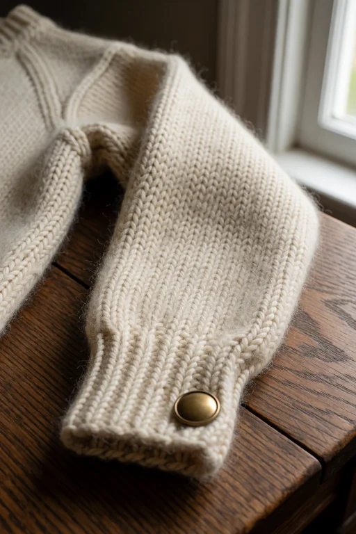 A Close-up Photograph Of The Sleeve Of A Knitted Cream Wool...