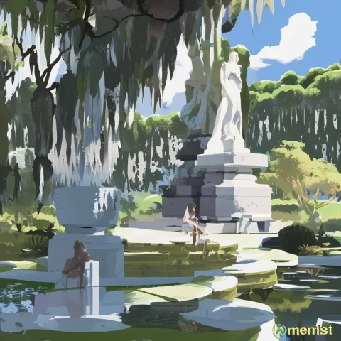 Marble Statues And Cascading Water Fountains Surrounded By T... — Stable Diffusion AI Prompt: marble statues and cascading water fountains surrounded by the garden of eden, P...