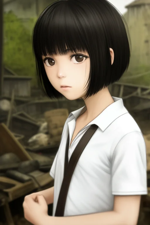 1girl, Armsatsides, Bangs, Blackhair, Bobcut, Browneyes, Clo...